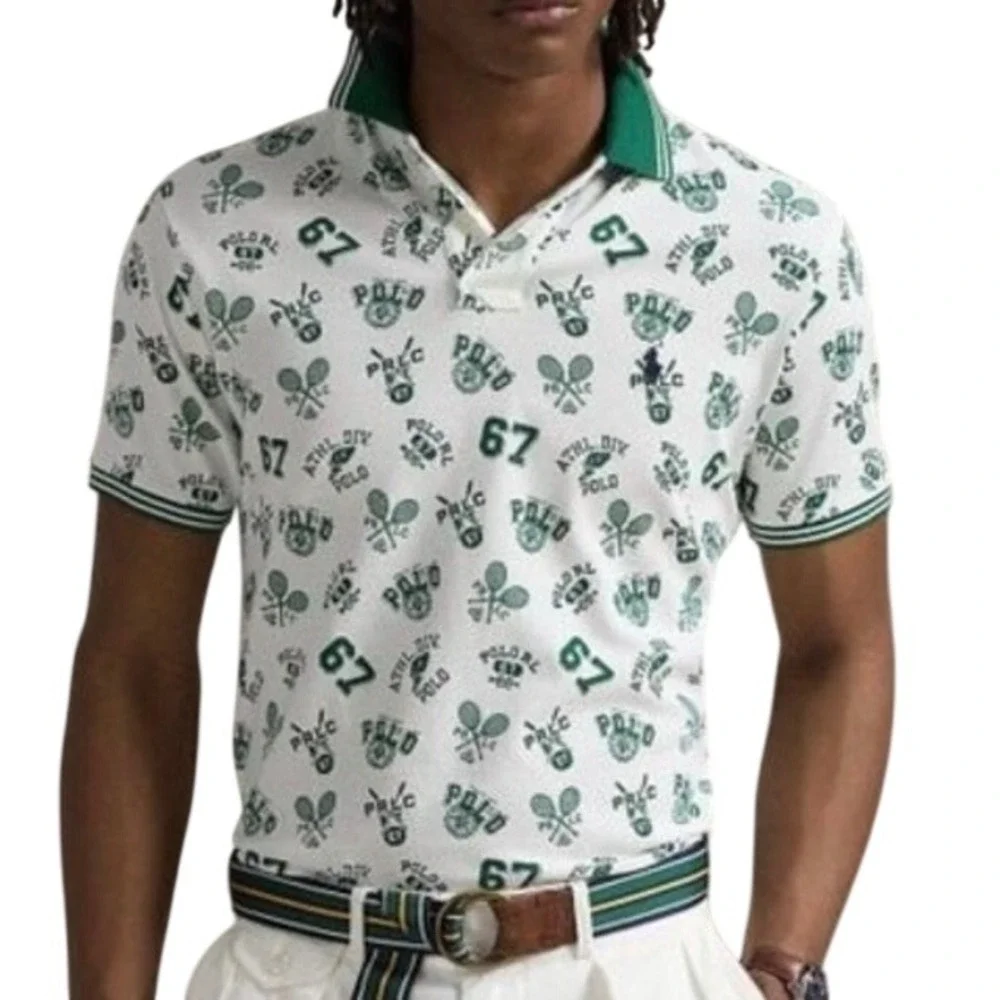 Polo Ralph Lauren Classic Fit Print Mesh Tennis Graphic Polo Shirt Green Large